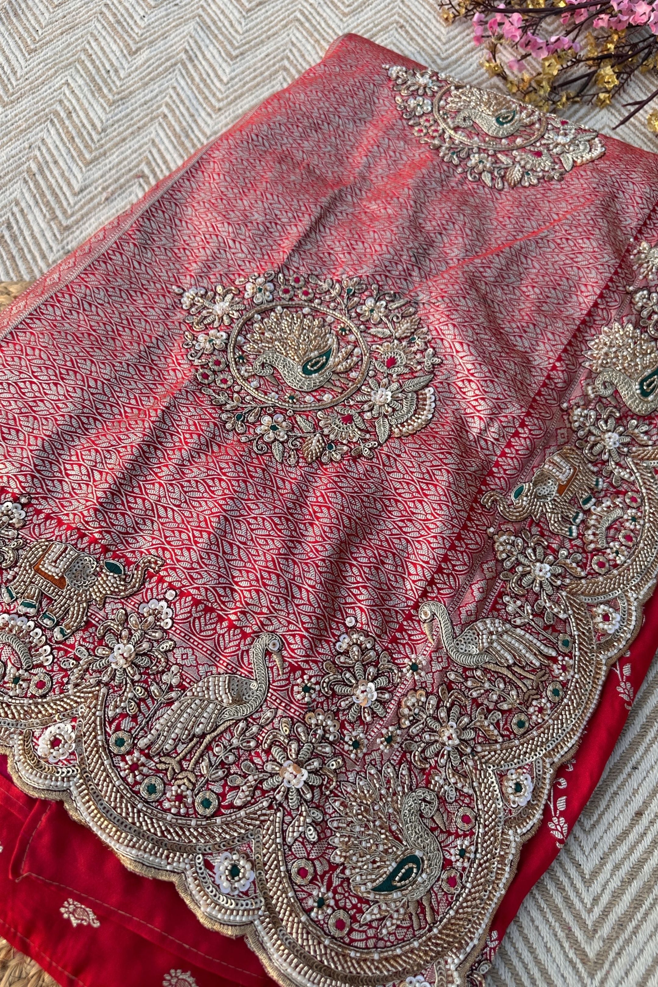 Red Rani Banarasi Satin Unstitched Saree Embellished With Zari, Moti, Sequins & Cutdana Work